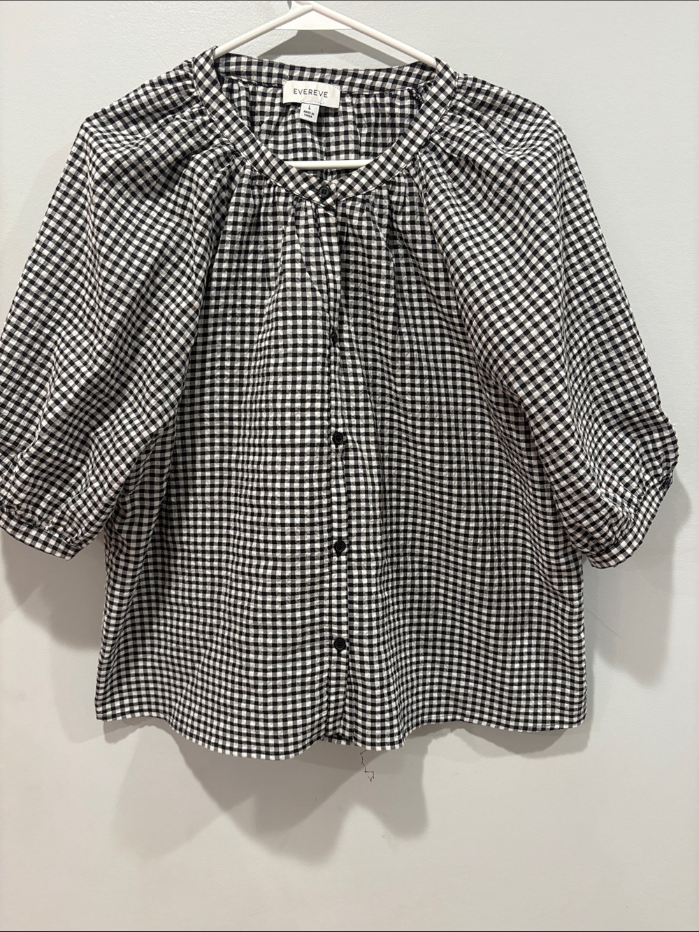 Evereve Black & White Gingham Button-Front Blouse ptp 21.5 length 25